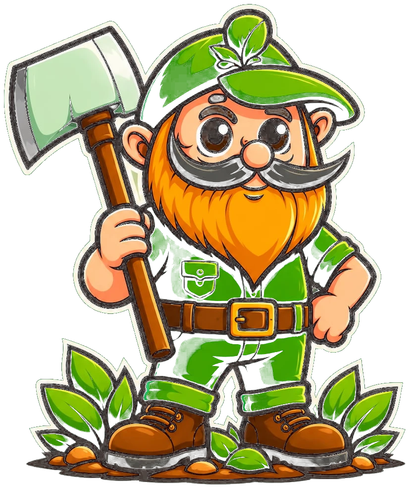 Uncle Woody, the bearded lumberjack mascot holding an axe