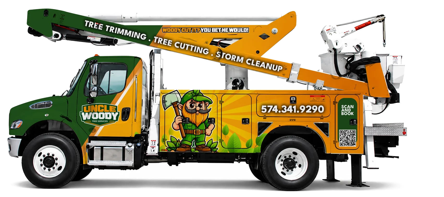 Uncle Woody Tree Services bucket truck wrapped in green and gold with the mascot and phone number 574-341-9290
